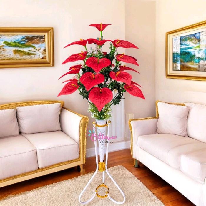 saleBunga Anthurium Panda 18 Kuntum Satu Set Lengkap Dengan Pot/Vas Standing Besi Corong Plastik Hia
