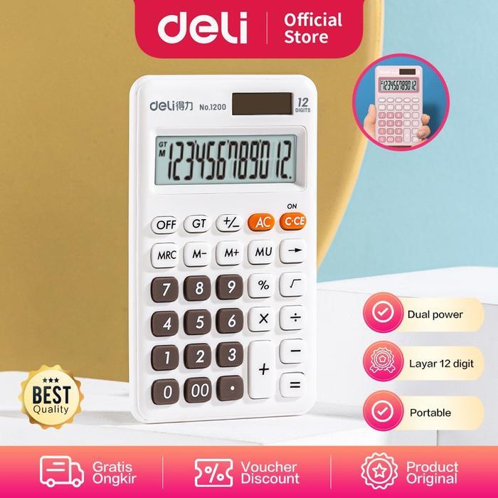 Deli Desktop Calculator/Kalkulator Meja Mini Portable Dual Power 1200 Calculator - 1200-Pink