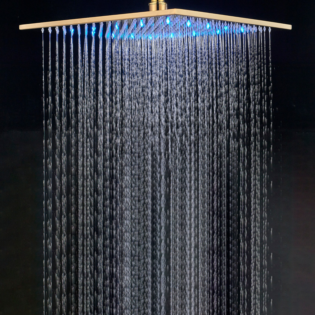 Gold LED Shower Head Color Changing Square Rainfall shower head Faucet Bathroom Accessory Top Over-h