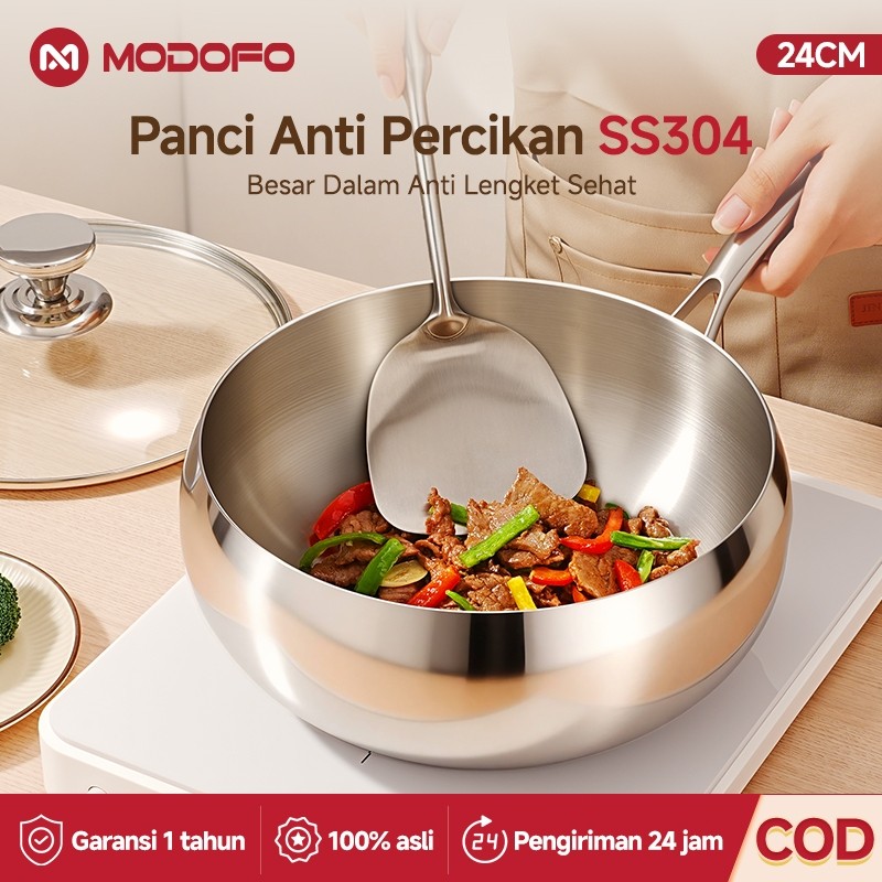 MODOFO Panci Stainless Steel Wajan Stainless Steel Anti Lengket 24cm Wajan Penggorengan Anti Lengket