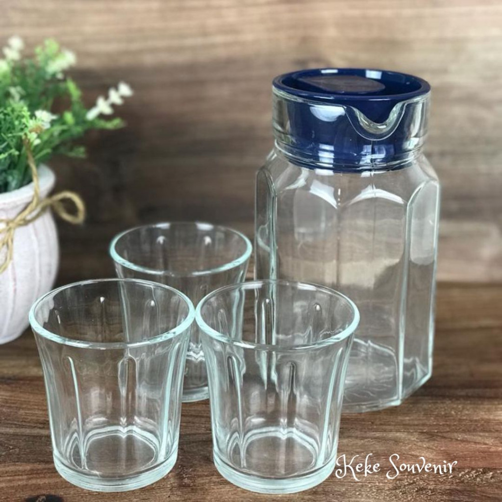 FLASHSALE [GGW] PROMO PITCHER SET 4 IN 1 IMPORT SUDAH TERMASUK GELAS + DUS IMPORTIR TEKO KACA SET