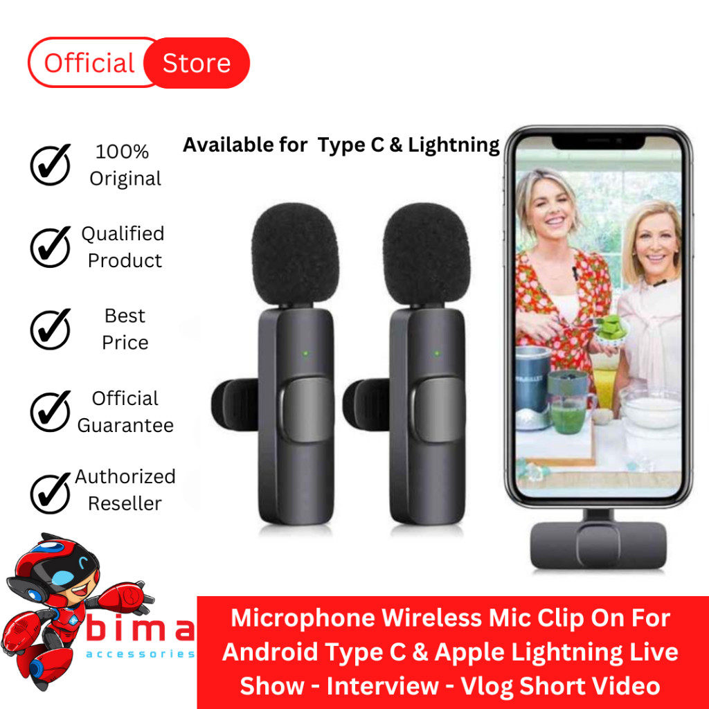 Microphone Wireless Mic Clip On For Android Type C & Apple Lightning Live Show - Interview - Vlog