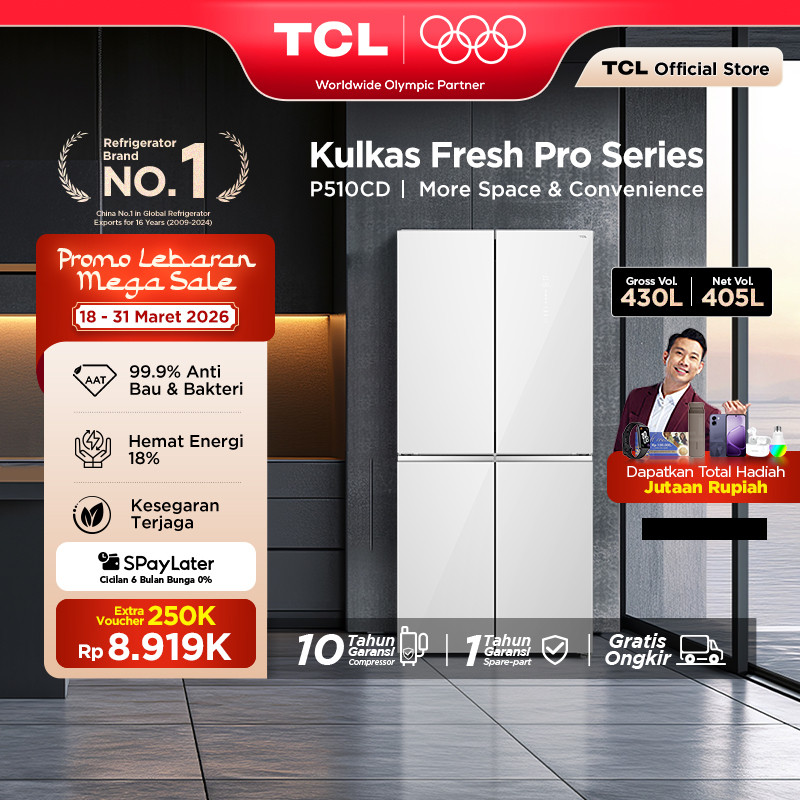 TCL Kulkas 4 Pintu - Kapasitas 430L - Big Capacity - Twin Eco Inverter - AAT Gen 2 Natural Eco Fresh