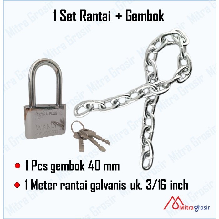 DHA Gembok Rantai Besi 1 Meter / Gembok Rante Rumah Pagar Motor Sepeda / Kunci Rantai 3/16 Gembok 40