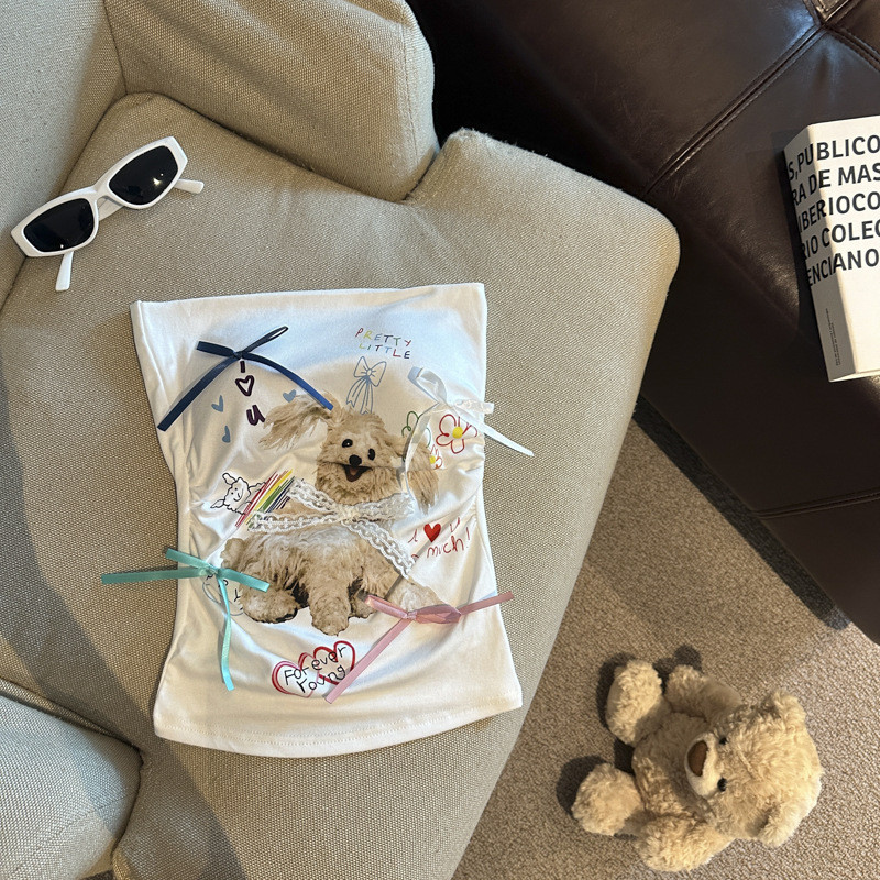 NALII  COD  Tank top bergambar anak anjing kartun, cewek seksi, atasan tanpa tali bahu terbuka.