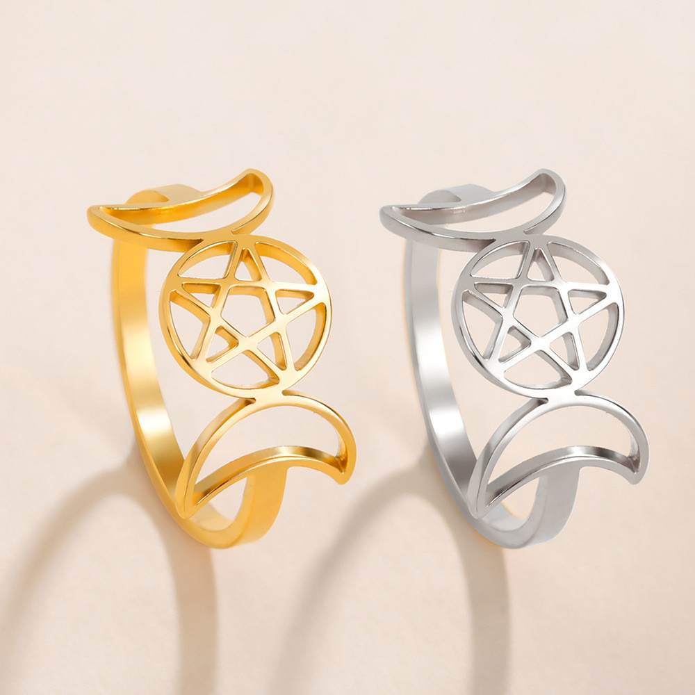 Triple Moon Muse Pentagram Ring Wanita Stainless Steel Pentagram Band Dua Cincin Bulan
