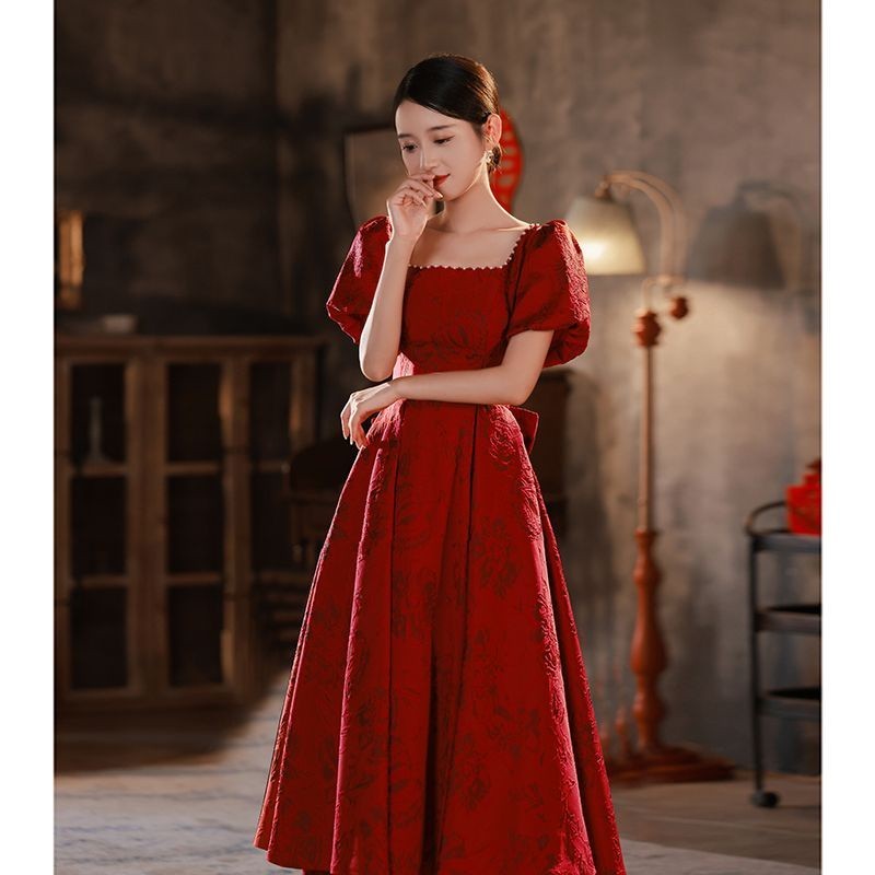 Gaun Pengantin  Pengantin Baru Anggur Merah Pertunangan Gaun Malam Rok Gaun Wanita