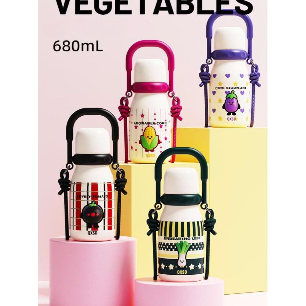 Termos Botol Minum Stainless Steel 2 Cara Minum Motif Sayuran & Aneka Tulisan I Termos Tenteng Tali 