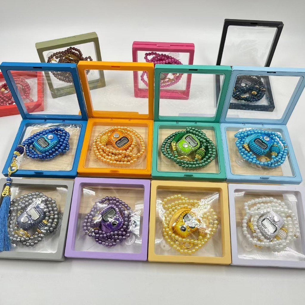 Tasbih Digital Manik-Manik Batu Permata Set dan Tasbih Mutiara Warna Pastel dengan kemasan Box