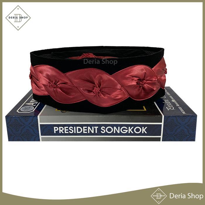 Promo Lebaran Songkok AWANG CITRA KEMBANG KOL AC Tinggi 9 Cm Peci Ceplok Sholat Bludru Hitam Merah M