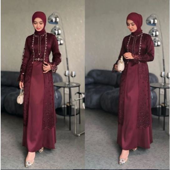 KINAN DRESS + OUTHER WD - Gamis Wanita Muslimah Velvet Mix Brokat - Nyaman, Model Kekinian - KONVEKS
