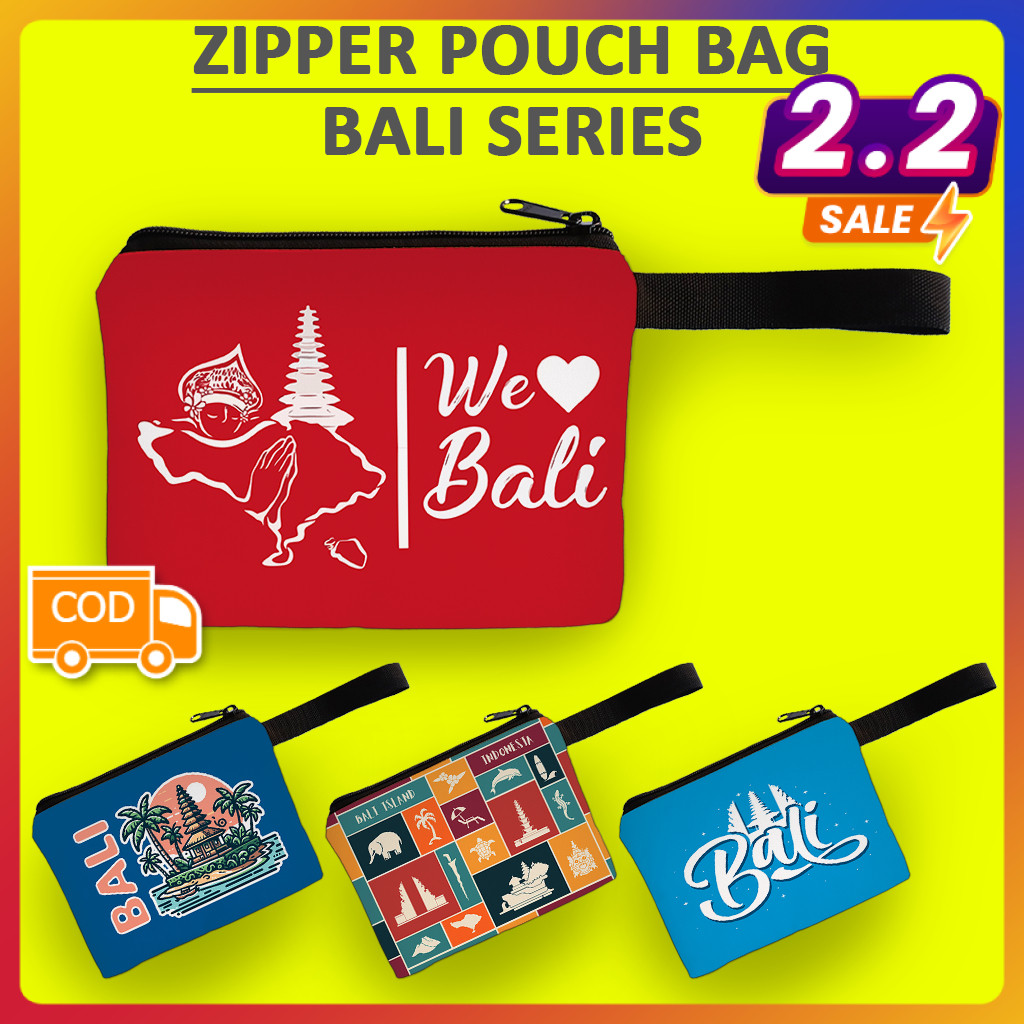 ZIPPER POUCH | TAS KOSMETIK | DOMPET KOIN | MOTIF DESAIN KOTA BALI INDONESIA CARTOON OLEH-OLEH GIFT 