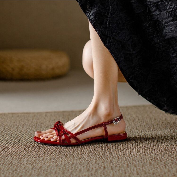 Sepatu busur persegi, sandal datar, sandal pantai anyaman wanita, sandal pantai anyaman wanita