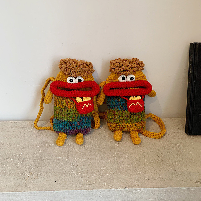 Tas wanita perjalanan yang indah dengan mulut besar kartun wol menenun