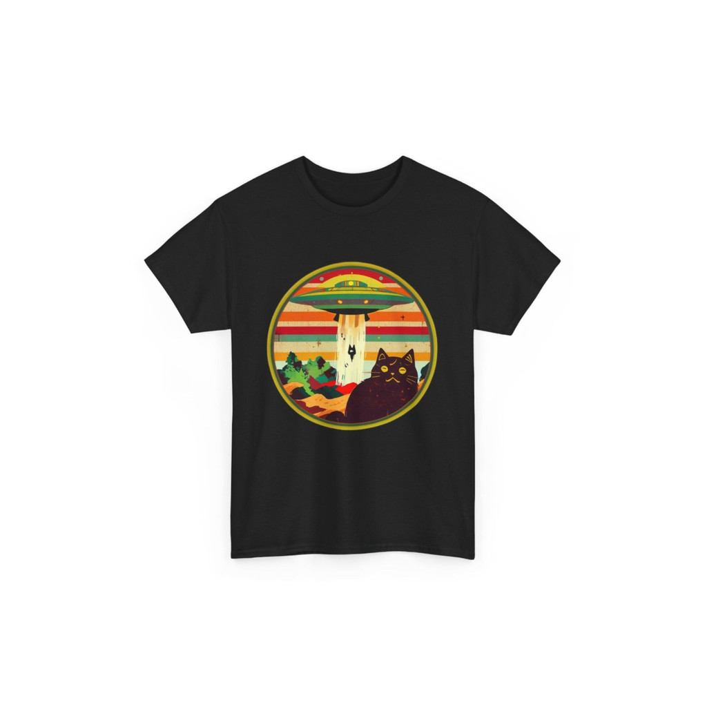 T Kucing Alien Abduction Lucu Baju Santai Pria Wanita Kaos OOTD Space Cat Graphic Print Baju Lengan 