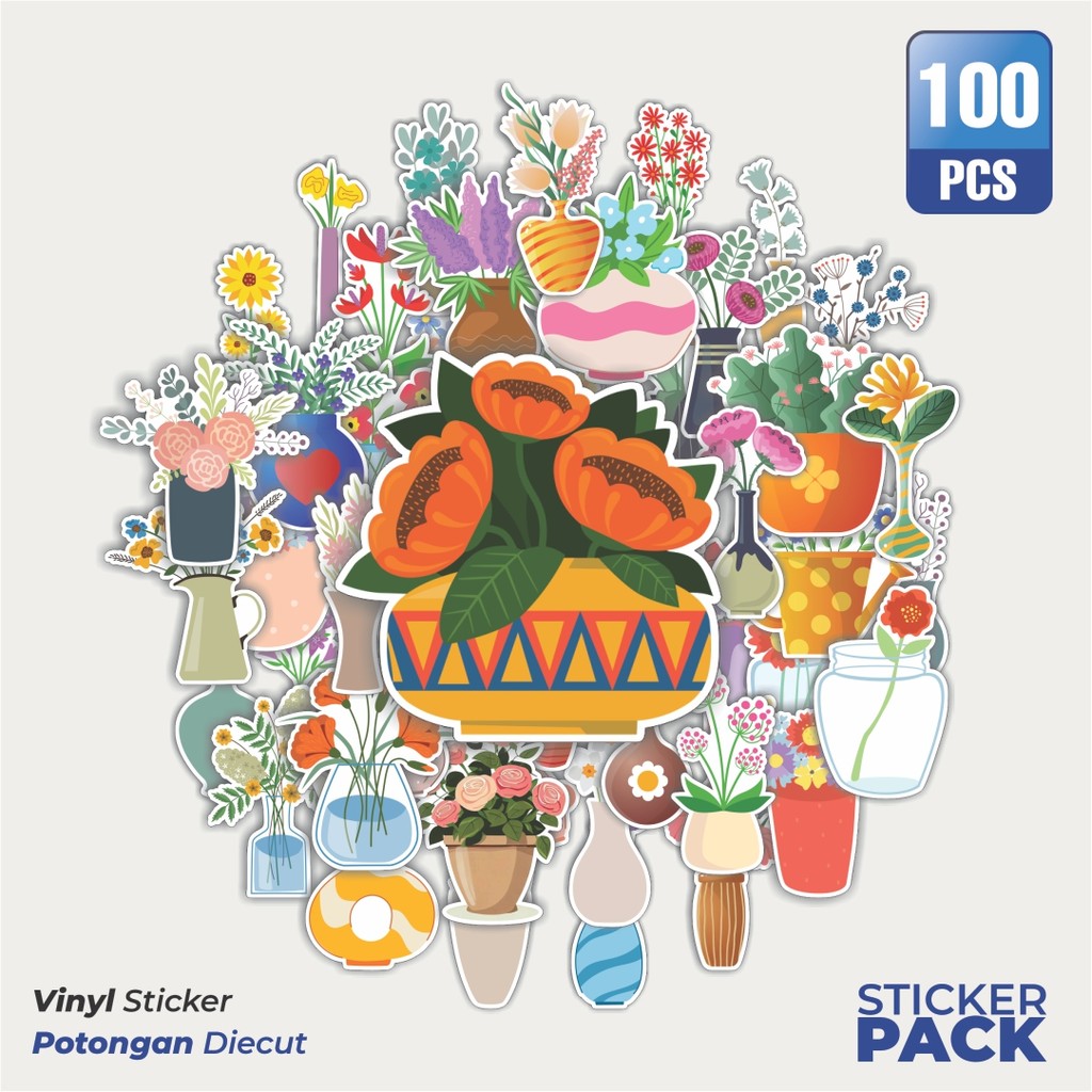 Super Hemat 100 PCS Stiker FLOWER VASE (bunga) Waterproof Aesthetic- Untuk Laptop, Motor, dan Helm -
