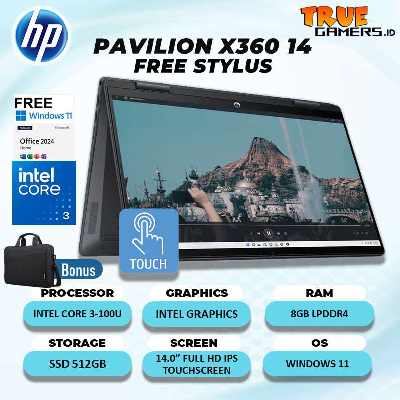 Laptop HP Pavilion X360 14 Touchscreen Core i3-100U 8GB SSD 512GB Windows 11+Office 14.0FHD IPS +PEN
