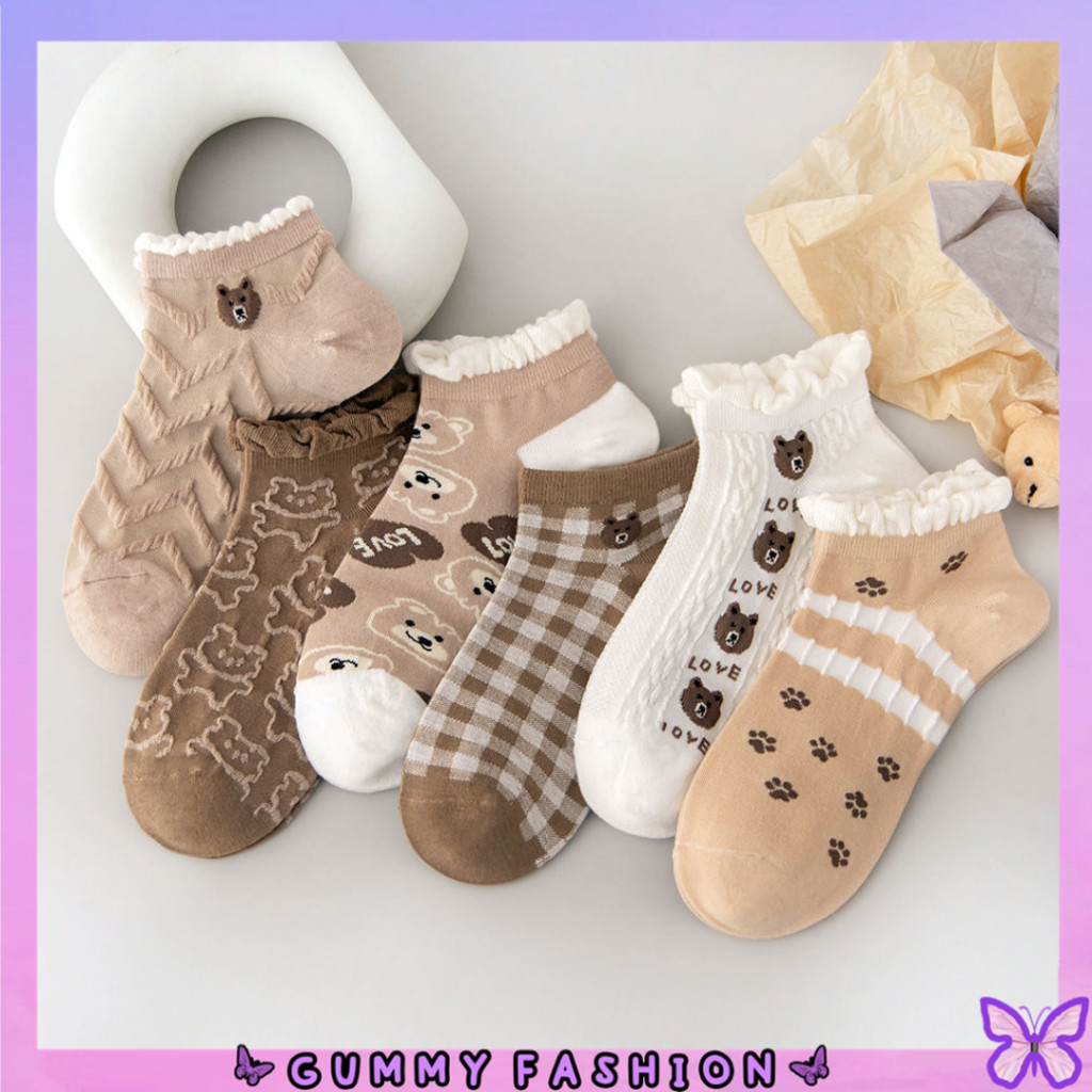 •KEDAI SALSA• KK1336 Kaos Kaki Pendek Wanita Korea Motif Beruang Coklat Bear Semata Kaki Socks Korea