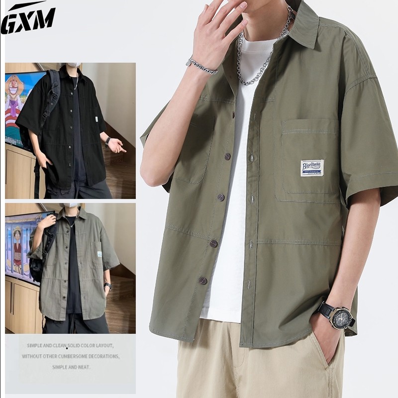 KEKERUN Kemeja pria Lengan Pendek oversize hijau kemeja hitam style Kemeja Polos Lengan Pendek t shi