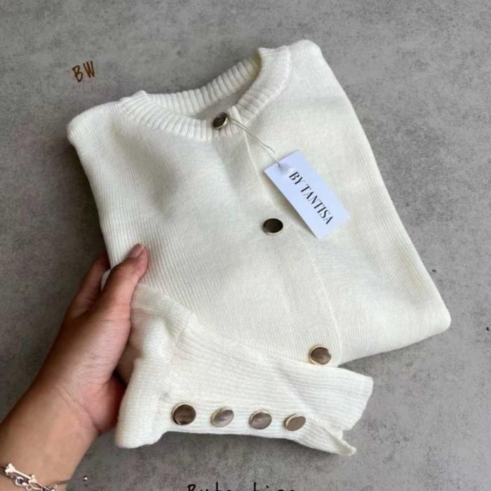 PROMO DISKON Atasan Aira Cardigan Rajut Cardigan Knit Premium Basic Kancing Tebal  Terbaru - Putih, 
