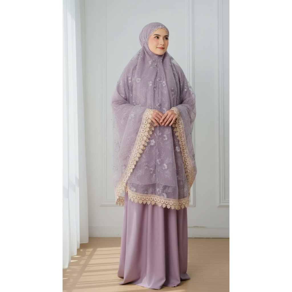 Mukena hari raya - Mukena Dewasa Sutra Velvet Brokat Mewah Renda Ziper Premium