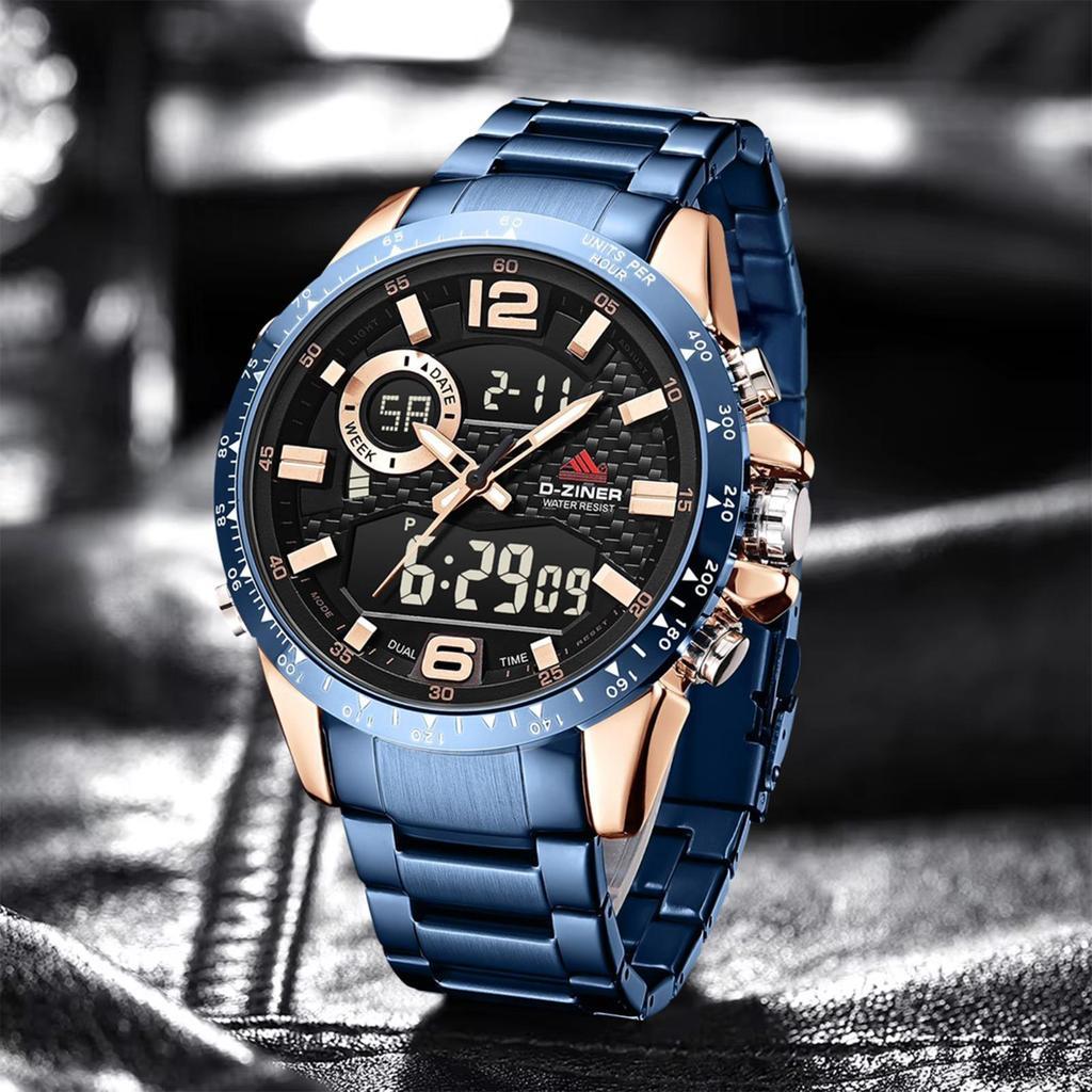 Dziner Jam tangan Pria 8306 Double Time Rantai Stainless Steel Water Resistant 3 ATM Kaca Watches Wa