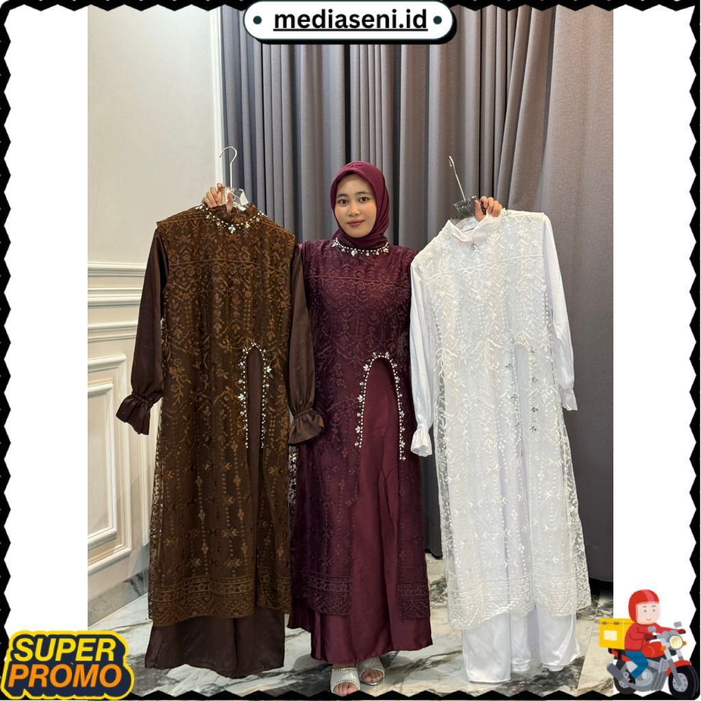 TERLARIS Marsya Dress Silk Burgandy Set Outer Brukat Aplikasi Payet Mutiara Gamis Pesta Wanita Kekin