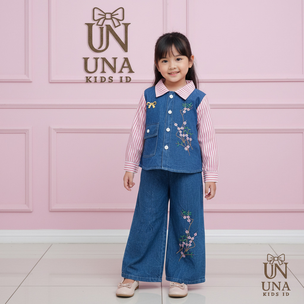Setelan Anak Perempuan Jeans Salur Bordir Bunga | Baju Fashion Anak 3-12 Tahun una kids id