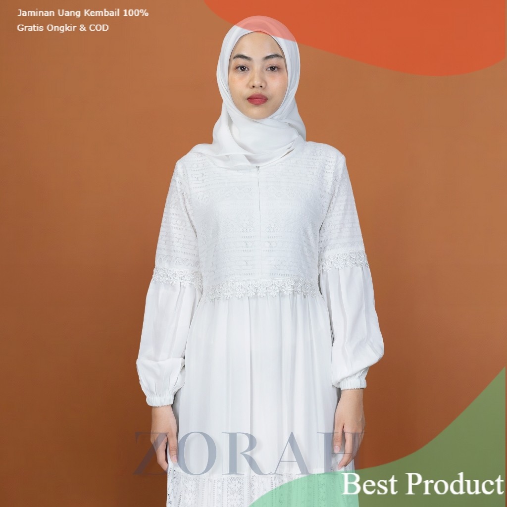 ZORAH • Gamis putih brokat wanita simple elegan busui & wudhu friendly | dress brukat putih wanita m