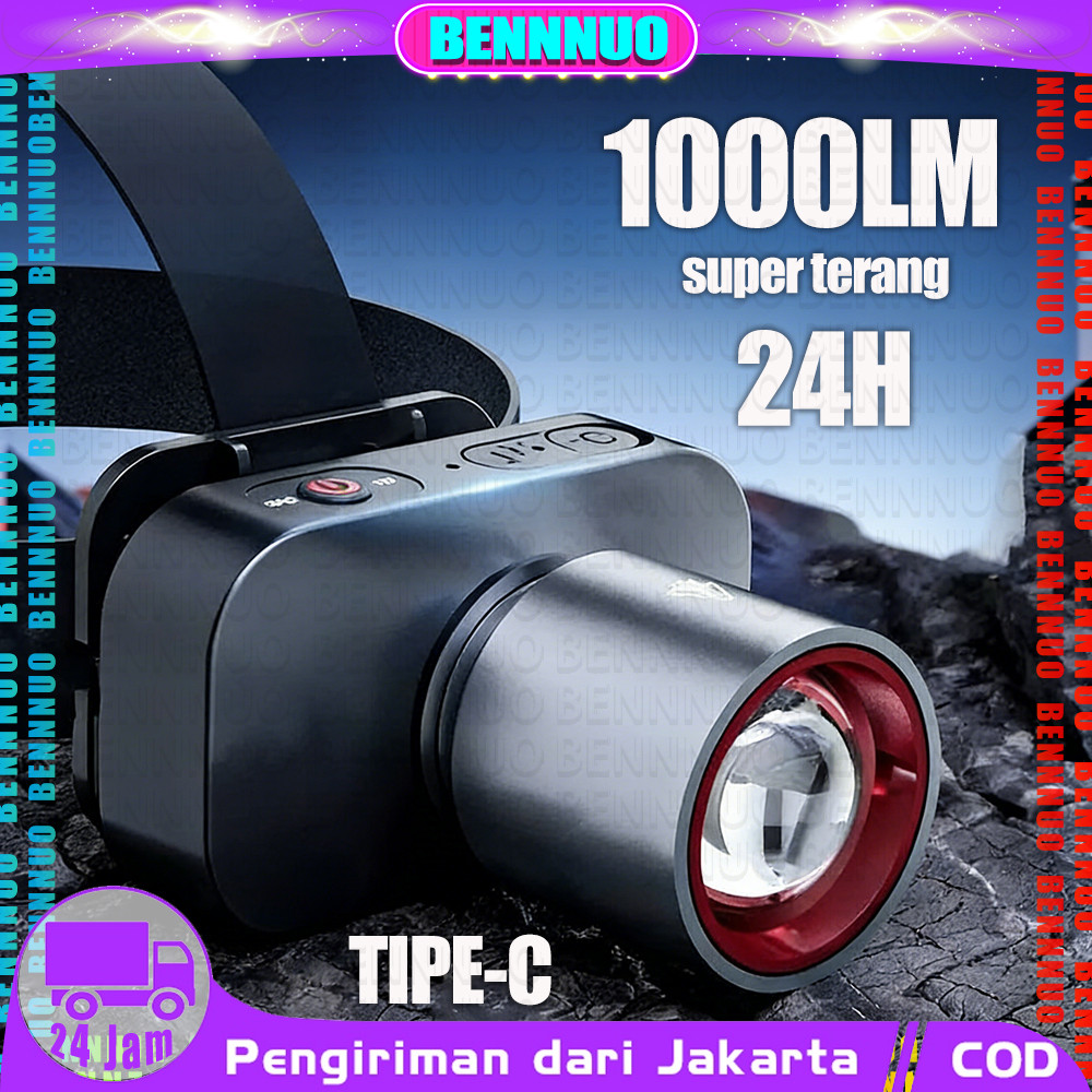 Senter Kepala LED Super Terang Anti Air Senter Kepala Zoom 1000 Lumen Headlamp Senter Kepala Zoom He