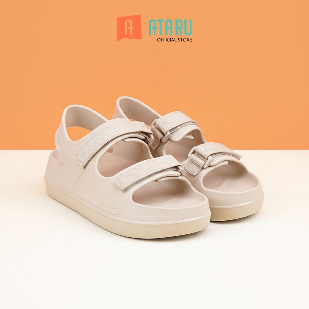 Ataru Ukuran 37 Sandal Wanita Double Strap TXT - Krem Sendal Cewek Sandal Perempuan Alas Kaki Wanita
