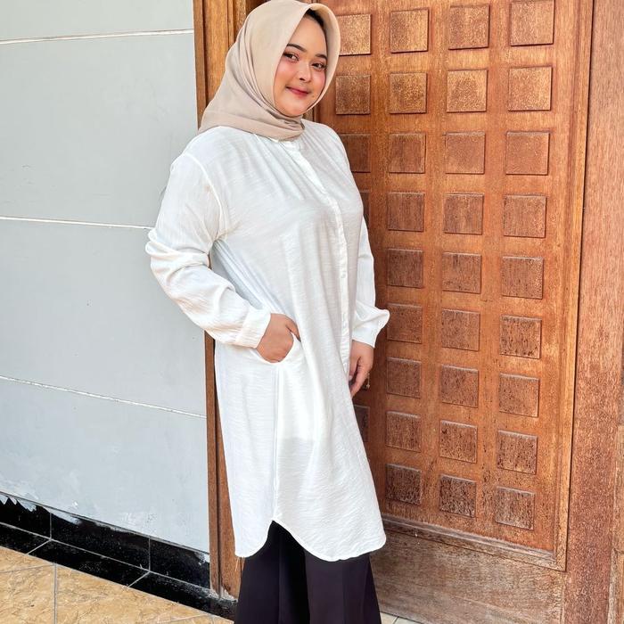Promo Guncang Alina Long Tunik Basic Jumbo Polos dengan Saku - Kemeja Tunik Saku - Putih BW, L / Ld 