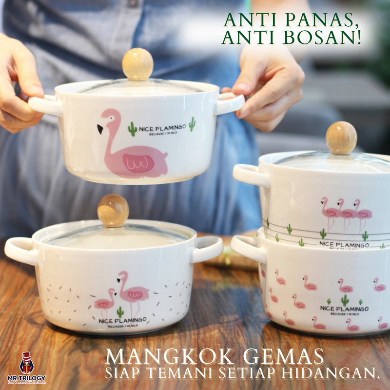 Terbaru Mangkok Korea Aesthetic Mangkok Keramik Tutup Kaca Flamingo Handle Tahan Panas 800ML Kado Lu