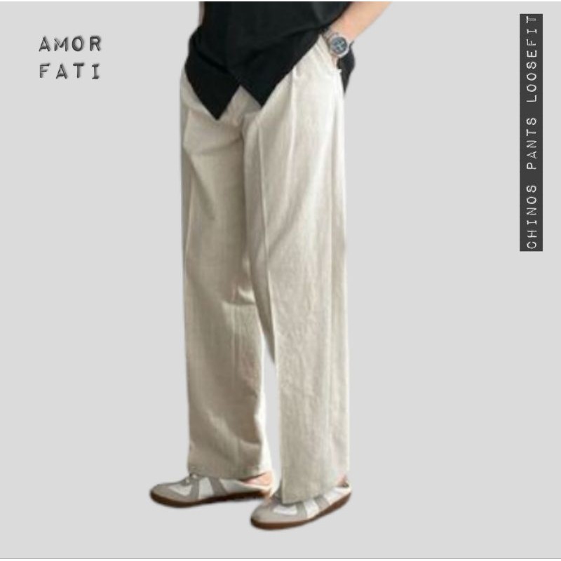 PROMO Amorfati Chino Pants Reguler Loose Fit Wide Leg Cream - Celana Panjang Chino Reguler Loose Fit