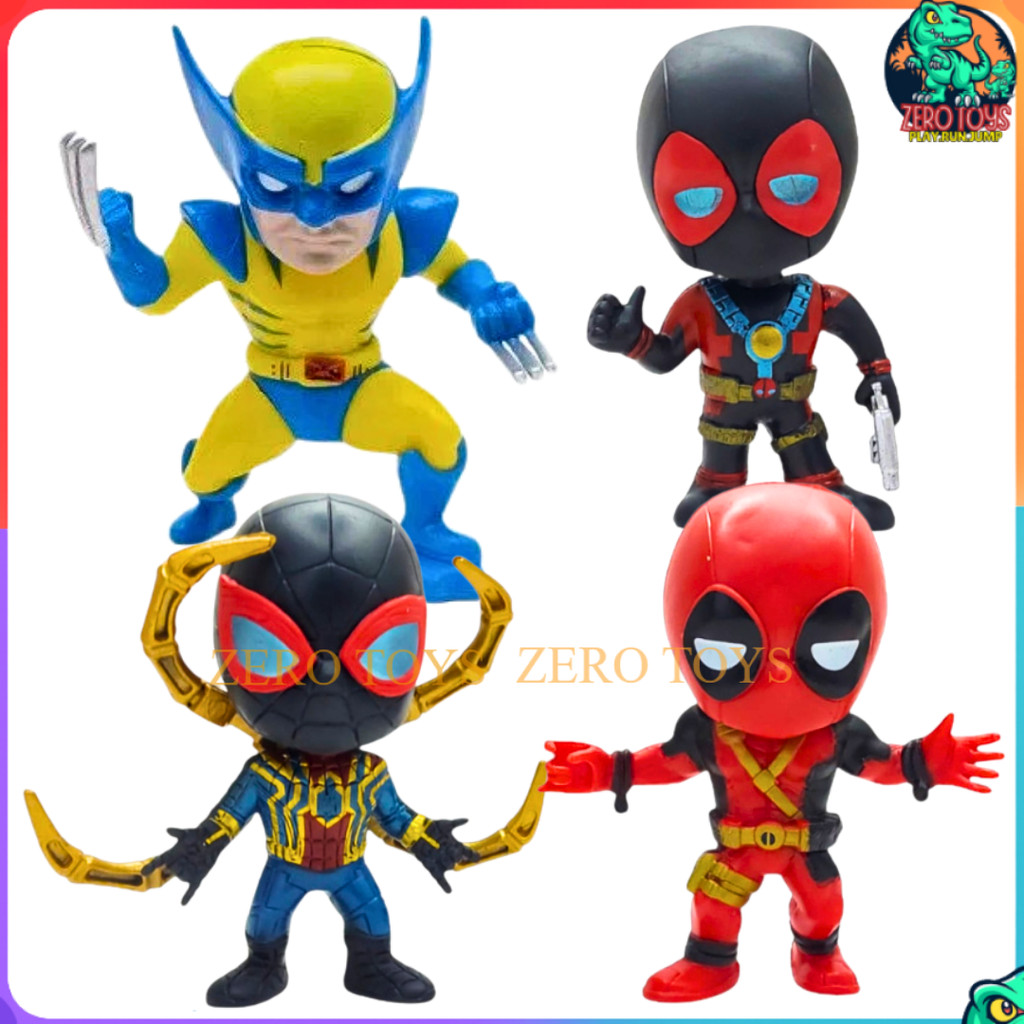Action Figure Marvel Chibi Wolverine Deadpool & Iron Spider Mainan Pajangan Mini