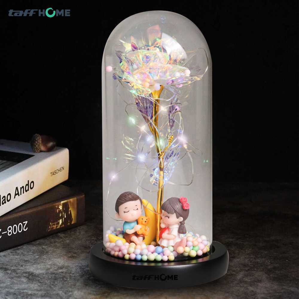 Lampu Meja Hias LED Mawar Beauty and The Beast Kaca Kristal Lampu Tidur Romantis Dekorasi Bunga Mawa