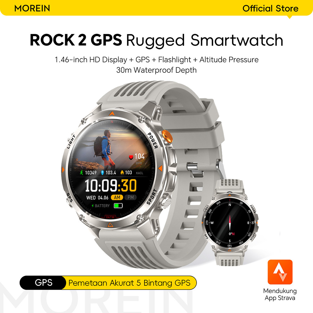 Morein Plus Rock 2 GPS Smartwatch - 1.46'' HD Display | Compass | UV + Flashlight | 3ATM Waterproof