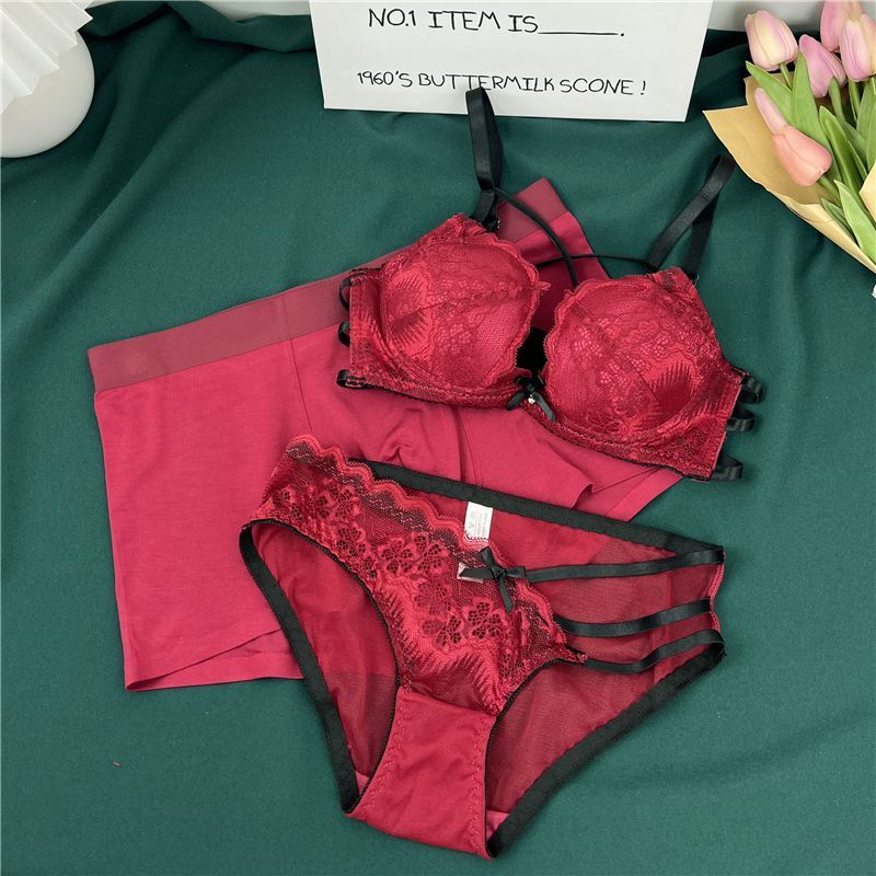 [Yunrouju]Seksi baru merah renda pakaian dalam dada kecil mengumpulkan baja cincin bra set bra