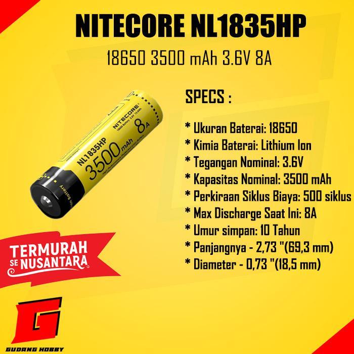 Battery Nitecore NL1835HP High Performance 18650 3500mAh 3.6V 8A Protected Lithium Ion (Li-ion) Butt