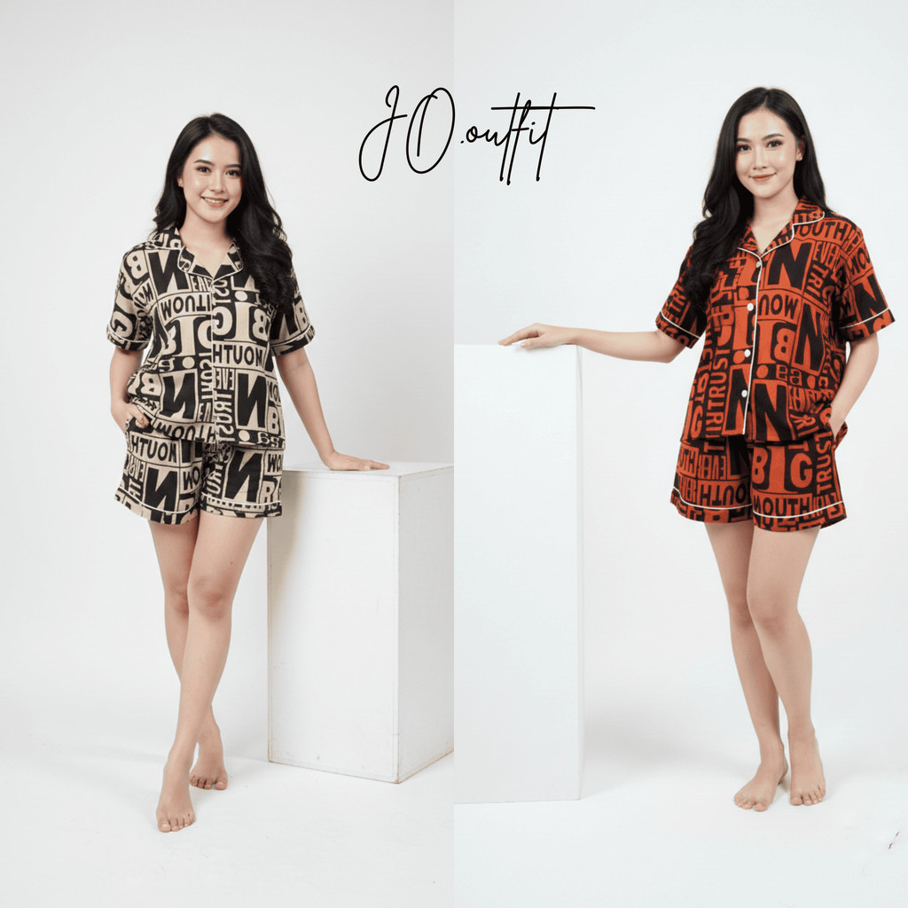Jo.Outfit - Setelan Piyama Wanita Monalisa One Set Baju Tidur Pendek Busui Motif Etnik Typography