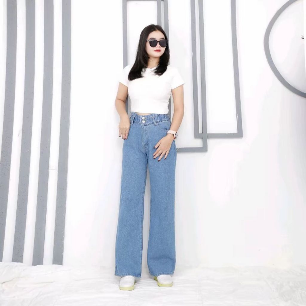 JEANS KULOT PINGGANG KARET HighWAIST KANCING 2 PREMIUM