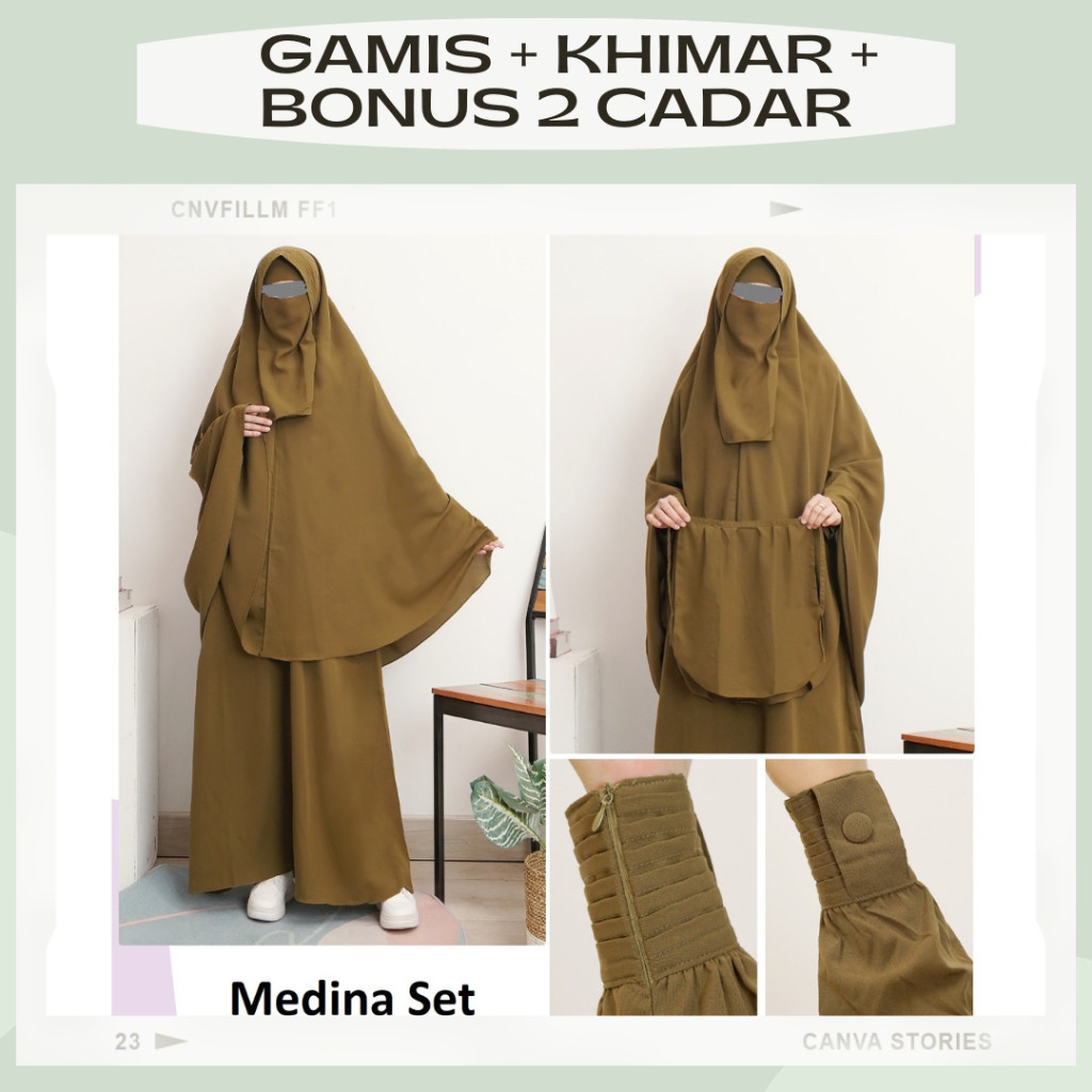 SHD_SHOP Medina Set Gamis Syari Setelan Khimar dan Cadar Bahan Wolfis Lux Size S-XXL/ Gamis Syari Se
