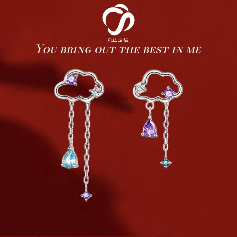 FULSHE Anting Gaya Korea Asli Biru Ungu Berlian Awan Tetesan Hujan