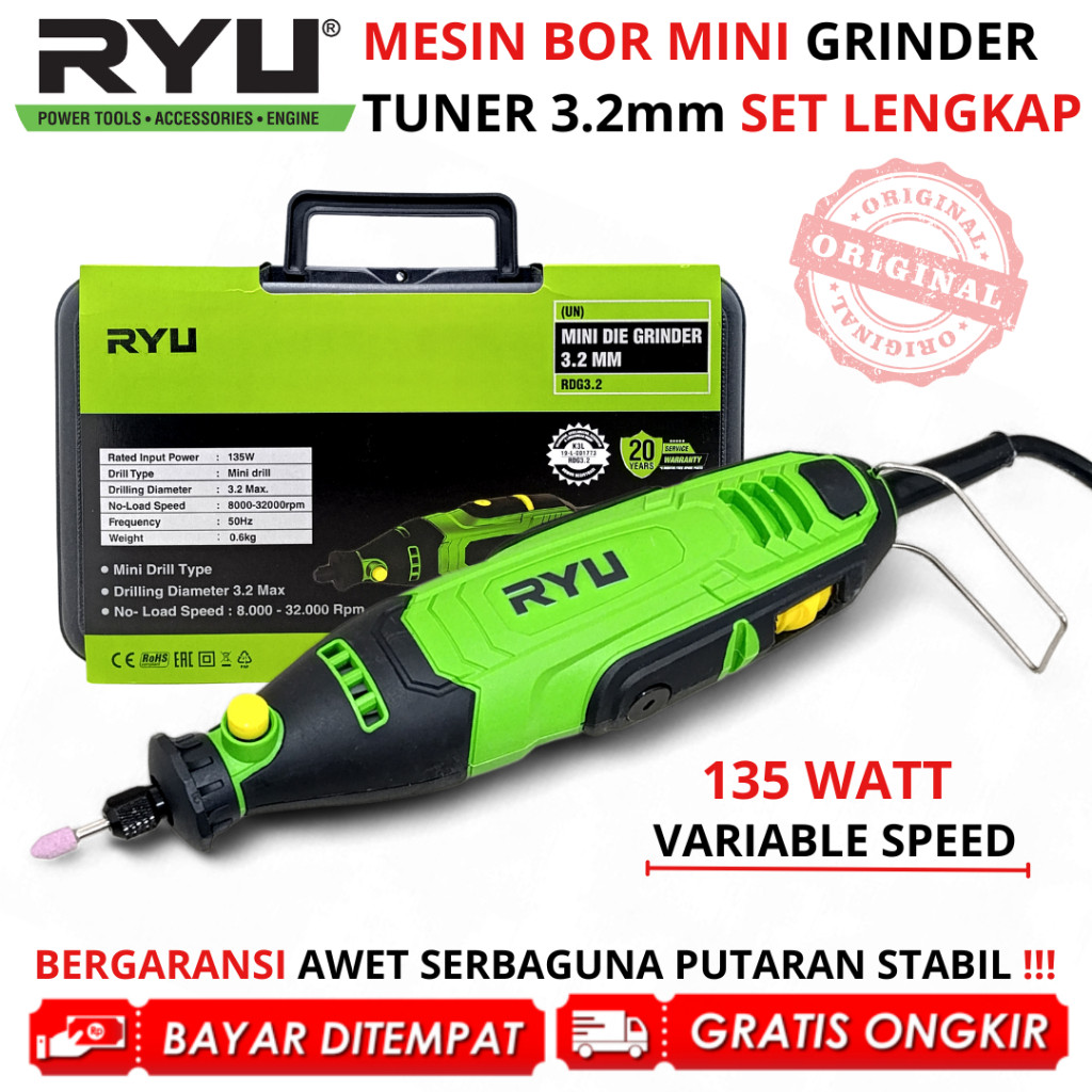RYU Mesin Bor Mini Die Grinder Ukir Grafir RDG 3.2 LENGKAP Aksesoris Gerinda Tuner Set ORIGINAL 100%