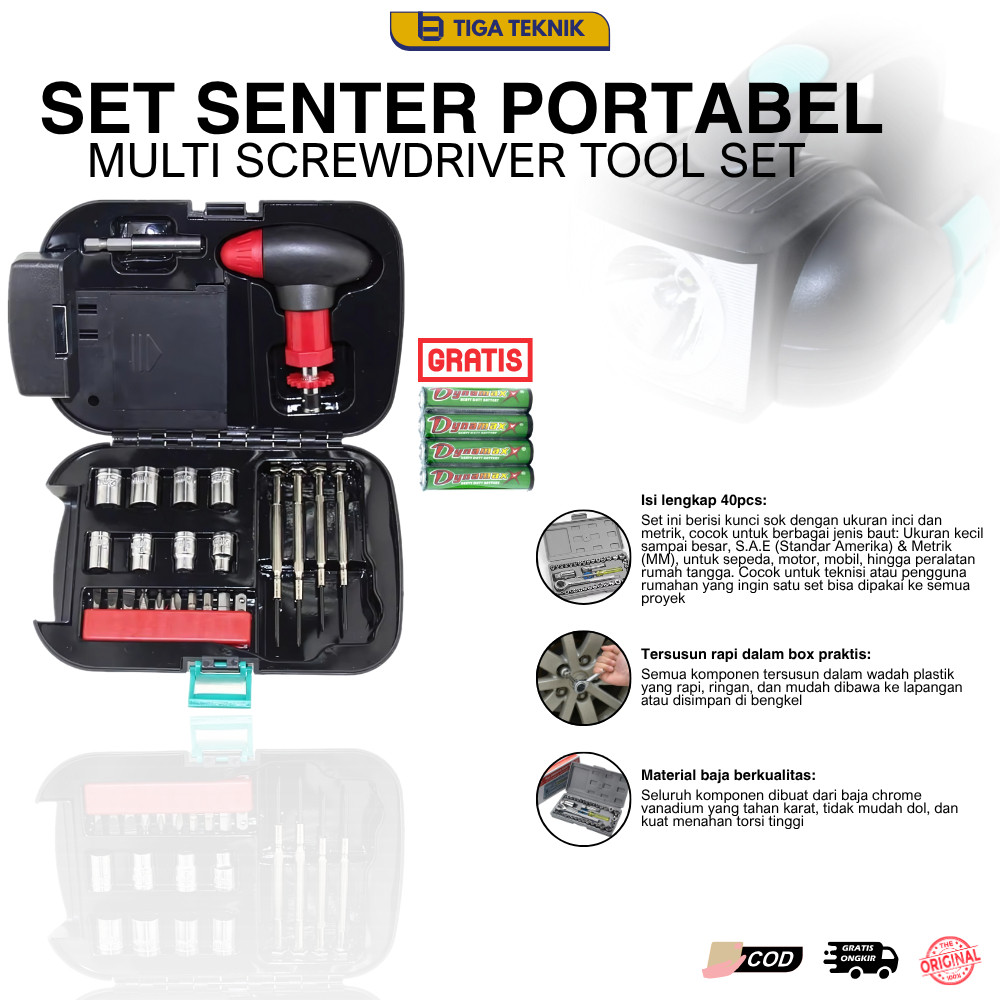 Senter Emergency Plus Set Kunci Obeng Lengkap Kotak Perkakas Alat Bengkel Mini