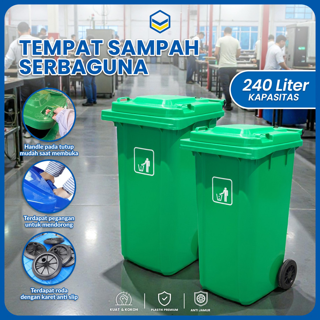 Tong Sampah Plastik 240L Besar Kuat Outdoor – Tempat Sampah Lingkungan untuk Sekolah, Pabrik & Perum