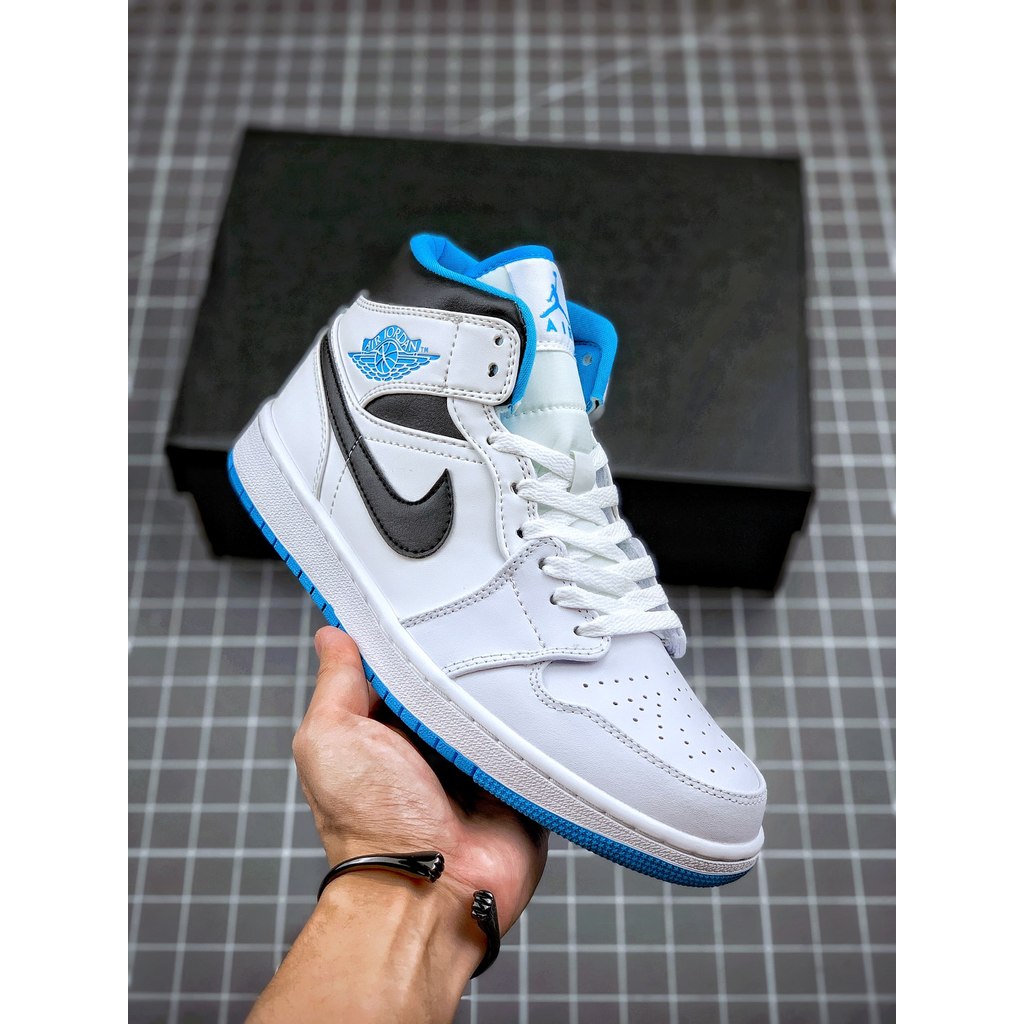 Air Jordan 1 Mid Laser Blue Sneakers Sepatu Pria Kulit Asli Kualitas Premium Desain Original