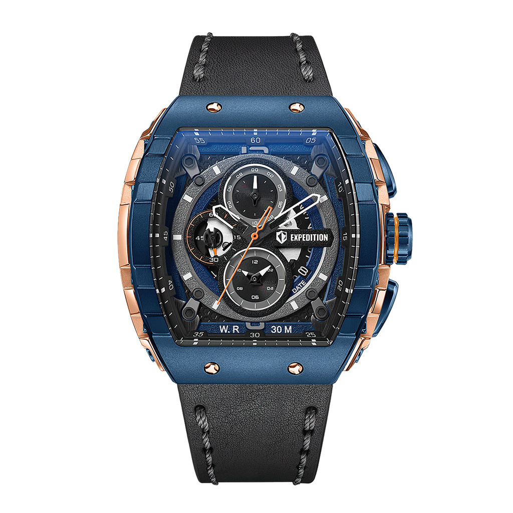 Jam Tangan Pria Expedition Exp Chronograph E 6782 MCLURBUBA Blue Dial Black Leather Strap