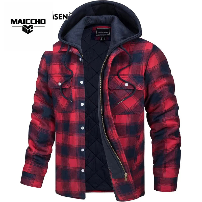 Jacket Flannel with Removable Hood 5 Pockets Plaid Quilted Lined Winter Coats Thick Hoodie Outwear F
