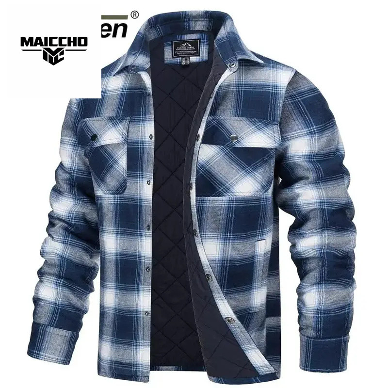 Jacket Winter Plaid Cotton Long Sleeve Quilted Lined Flannel Shirt Multi-Pockets Outwear Hiking Coat